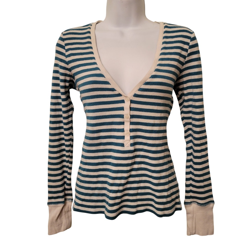 Victorias Secret Striped Knit Henley Thermal Top Green Stripe XS 90s Bella Swan